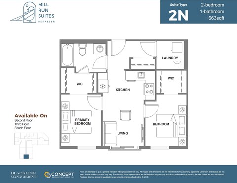 A floor plan for a 2-bedroom, 1-bathroom suite at Mill Run Suites.